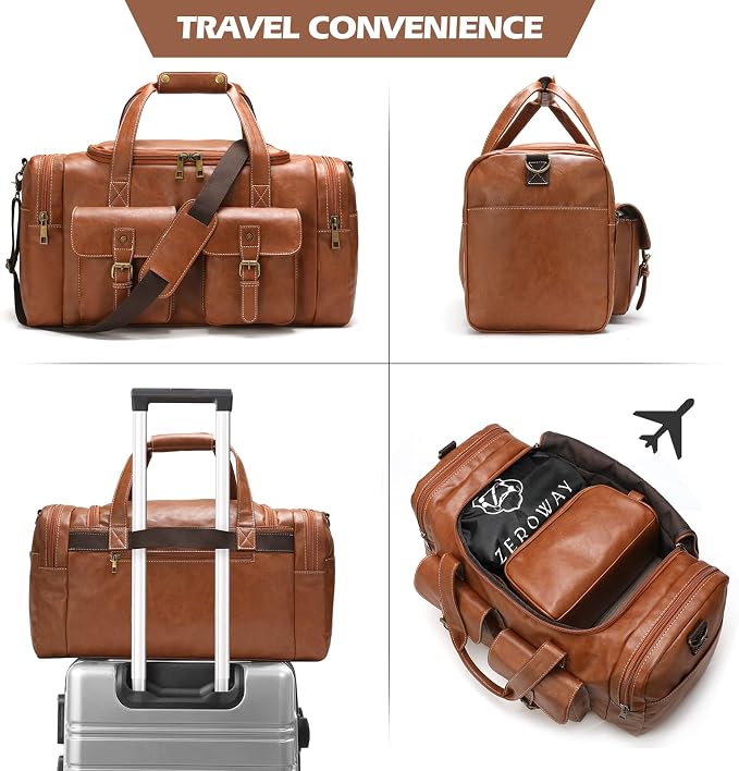 Zeroway PU Leather Travel Duffel Bag with Toiletry Dopp Kit and Laundry Bag, Weekender Overnight bag Luggage Carry-On Bag with Shoe Pouch for Men or Women Brown - Image 6