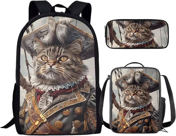 17 Inch Animal Print School Backpack And Lunch Box Set for Kids Lightweight Funny Cat As Pirate Backpack for Boys Girls Sturdy School Bag with Insulated Lunchbox Pencil Case Student Bookbag by Parprinty