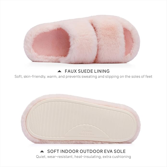 Chantomoo Women's Memory Foam Fuzzy Comfy Faux Fur House Shoes - Furry Bedroom Indoor Open Toe Slippers with Two Bands - Trendy Gift Slippers