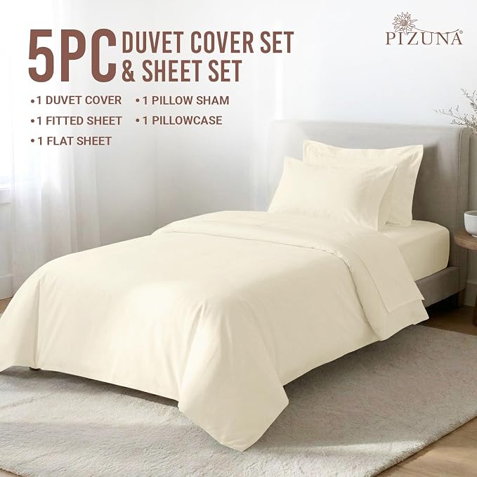 Pizuna Pure 100% Long-Staple Cotton Duvet Cover + Sheet Set Twin, Luxurious 400 Thread Count Long Staple Cotton, Soft Sateen Weave Bedding Set (Ivory) - Image 3