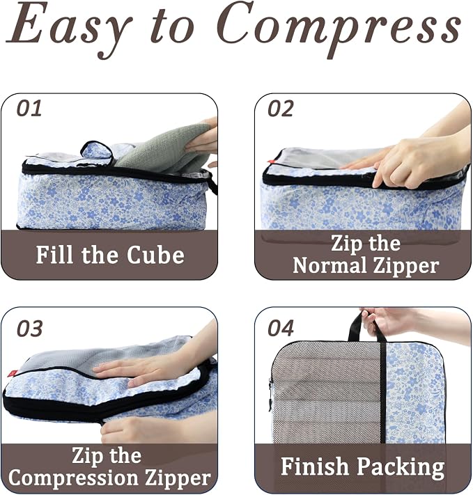 U+U 10 Set Compression Packing Cubes - Ultralight Travel Organizers with Laundry Bag and Cosmetic Bag, Space-Saving Suitcase Organizer for Travel, Business Trip and Family Vacation (Blue Flower) - Image 6