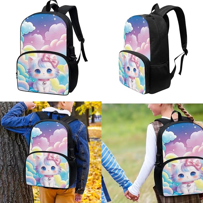 Rainbow Cat 3 Pieces Backpack for Kids, Girls Preschool Backpack with Lunch Box Pencil Case, School Bookbag Set, Kids Backpack for Travel - Image 2