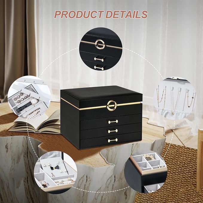 Jewelry Boxes for Women, Large Jewelry Storage Boxes, 4-Layer Leather Jewelry Organizer with 3 Drawers, Jewelry Display Case Gift for Women Girls, Black - Image 5
