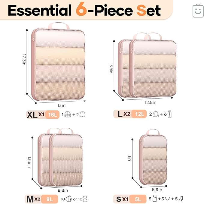 Veken 6/9/11 Set Compression Packing Cubes for Travel Essentials,Compressible Expandable Luggage Suitcase Organizer Bags with Garment Bag,Space Saver Bags with Over 1000 pcs of Mesh Holes(Beige) - Image 2