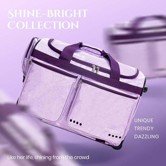 Fanwoli 23" Dance Bag with Garment Rack | Glittering Waterproof Fabric | Shine-Bright Collection | Ideal Competition Rolling Duffle Bag for Dancer Cheerleader Little Princess | Sparkle Purple - Image 2