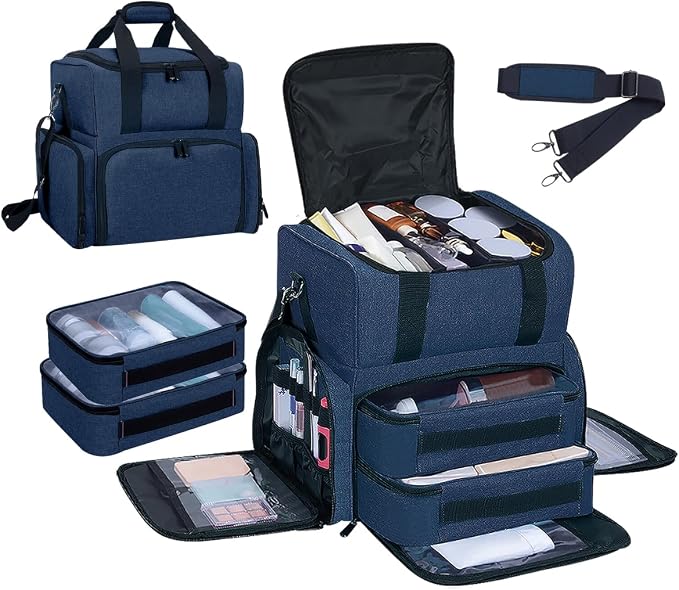 Large Makeup Bag with 2 Removable Case Cosmetic,Blue | Large Makeup Bag with 2 Removable Case Multifunctional Cosmetic Bag Double Layer Travel Toiletry Organizer by Unknown