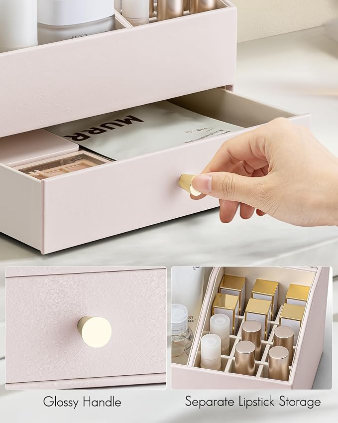 VLANDO Makeup Organizer,Vanity Organizer with Drawers, PU Leather Skincare Organizer Perfume Organizer,Large Cosmetic Display Case for Lipstick,Brushes Gifts for Women-Apricot White - Image 5