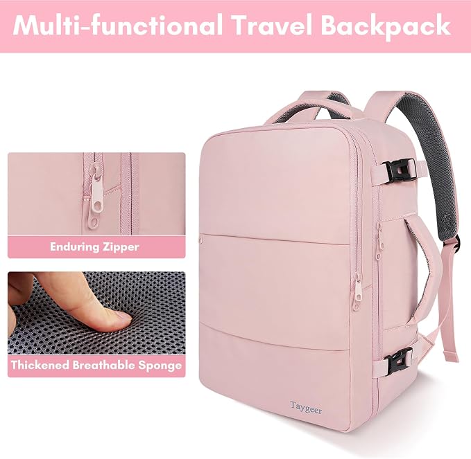 Taygeer Travel Backpack for Women, TSA Carry On Backpack Flight Approved | 15.6inch Laptop Mochila with Water Bottle Pocket & Shoe Pouch, Nurse Bag Casual Daypack for Weekender Business Hiking, Pink - Image 8