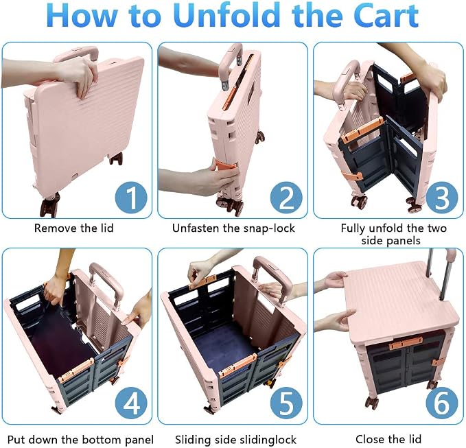FELICON SELORSS Foldable Utility Cart Folding Portable Rolling Crate-Pink | Durable,Heavy Duty,Plastic Box,Telescoping Handle,4 Rotate Wheels,Collapsible Handcart for Travel Shop Move Luggage Office - Image 4