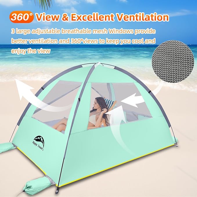 Happy Travel Beach Tent, UPF 50+ UV Protection Sun Shade Shelter for 3/4/5/6/7/8 Person, Portable Beach Canopy for Family & Baby, Lightweight & Easy Setup Beach Cabana with 3 Ventilation Mesh Windows - Image 5