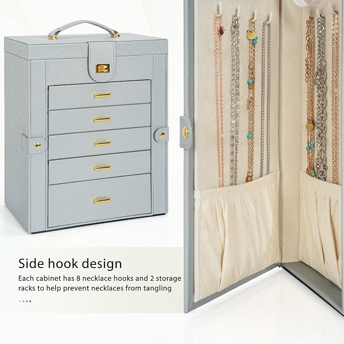 AKOZLIN 6-Tier Jewelry Box Organizer Functional 5 Drawers Leather Jewelry Storage Case for Women Girls Ring Necklace Earring Bracelet Holder Organizer with Mirror Grey Large - Image 6