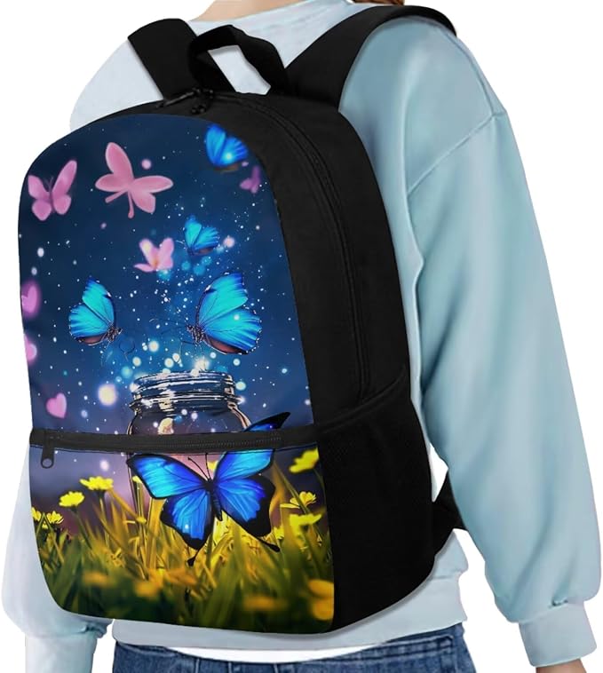 Butterfly Backpack for Girls Kids Backpack with Lunch Box Water Bottle Holder with Strap and Aesthetic Pencil Case 4PCS Set Cute Bookbag with Front Pocket for School Teens 17 inch School Bag - Image 2