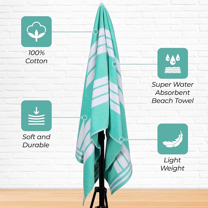 Superior Oversized Cotton Beach Towel Set of 2, Absorbent Towels for Bathroom, Pool, Swim, Adults, Kids, Vacation, Travel, Bath Sheet, Quick Dry Basics, Trip Essentials, Striped Decor, Mint - Image 3