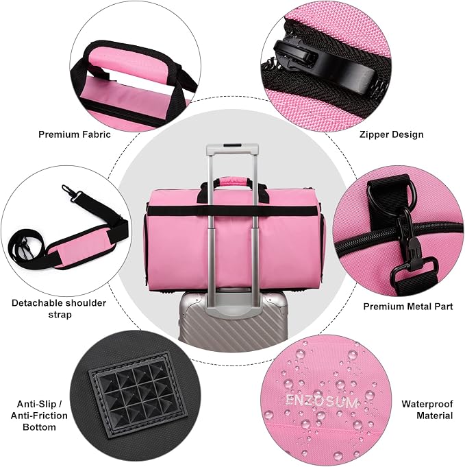 Carry On Garment Bag for Women, Durable Garment Duffle Bag for Travel with Shoes Compartment, Convertible & Foldable 2 in 1 Hanging Dress Weekender Suitcase Suit Travel Bag, Gifts for Women, Pink - Image 5