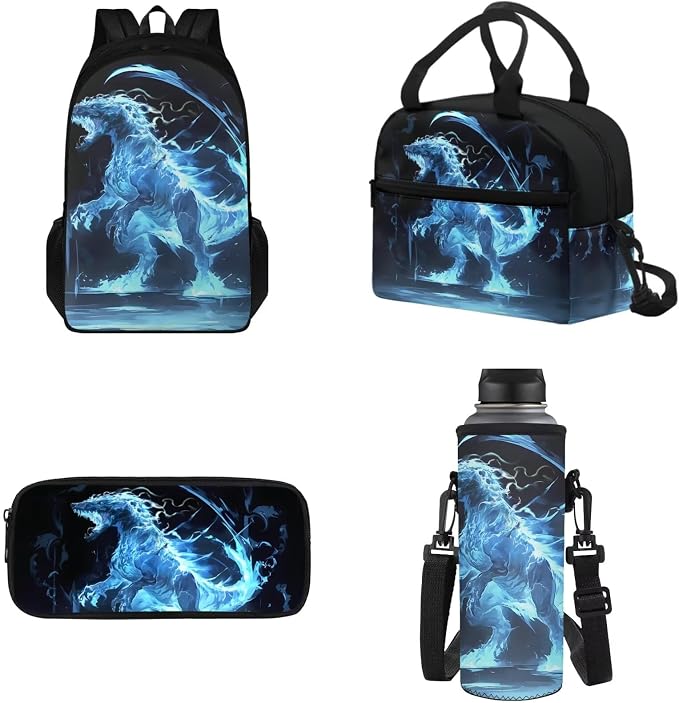 Dinosaur Backpack for Boys with Reusable Lunch Bag Pencil Bag Water Bottle Sling for School, Double Zipper Students Schoolbag Bookbag Elementary Middle School Rucksack by Tomeusey
