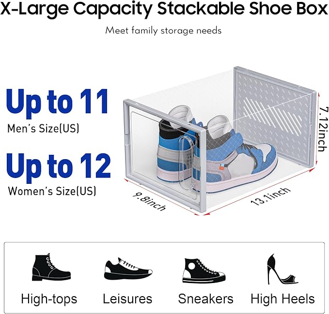 eWonLife Large Shoe Organizer Storage Box with Magnetic Door,12 Pack Clear Plastic Stackable Sneaker Containers for Closet, Connect Left and Right Shoe Box for Entryway, Drop Front, Under Bed (Grey) - Image 4