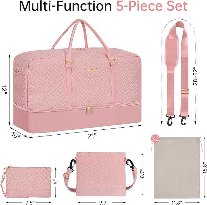 Weekender Bag for Women, 5 Pcs Set Carry on Overnight Bag, 21" Travel Duffel Bag with Waterproof Shoe Compartment for Weekend Travel Business Trip - Image 2