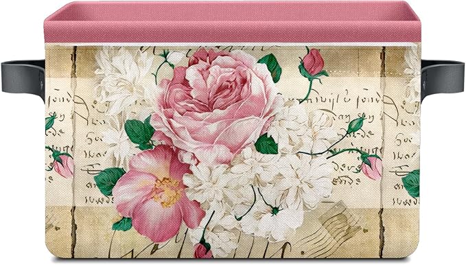 Vintage Rose Floral Baskets Storage Bins with Handles, Decorative Foldable Cloth Organizer Storage Boxes for Home Office 14 x 10 x 8 by Unknown