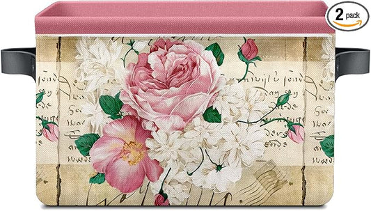 Vintage Rose Floral Foldable Baskets Storage Bins with Handles, Decorative Cloth Organizer Storage Boxes 2 sets by Unknown
