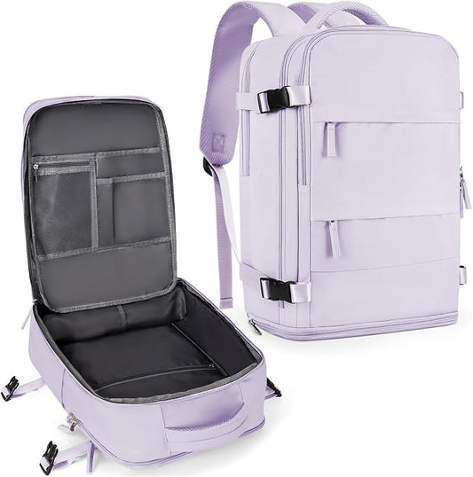 coowoz Large Travel Backpack For Women Men,Carry On Flight Approved,Hiking Waterproof Outdoor Sports Rucksack Casual Daypack Fit 15.6 Inch Laptop Shoes Compartment (Purple) by coowoz