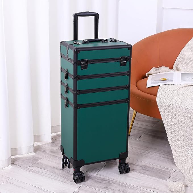 Karl home 4 in 1 Makeup Train Case Rolling Cosmetic Trolley Large Capacity Travel Organizer with Key 360°Swivel Wheels Suitcase for Beauticians Hairstylists Nail Tech Students,Dark Green - Image 7
