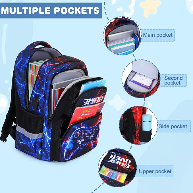 Bevalsa Backpack for Boys, School Bags for Kids, Bookbag for Boys Children Teens Backpacks for Elementary Middle High School Student, Bookbag Set with Lunch Bag & Pencil Case (Red Blue Lightning) - Image 3