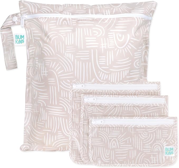 Bumkins - Waterproof Wet Bag & Clear Travel Bags - For Beach, Baby, Travel, Swim Suit, Cloth Diapers, Pump Parts, Pool, Gym, Toiletries - Reusable & Easy to Clean - Boho Beige - 4 Pack by Bumkins