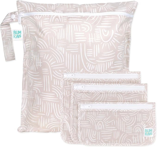 Bumkins - Waterproof Wet Bag & Clear Travel Bags - For Beach, Baby, Travel, Swim Suit, Cloth Diapers, Pump Parts, Pool, Gym, Toiletries - Reusable & Easy to Clean - Boho Beige - 4 Pack by Bumkins