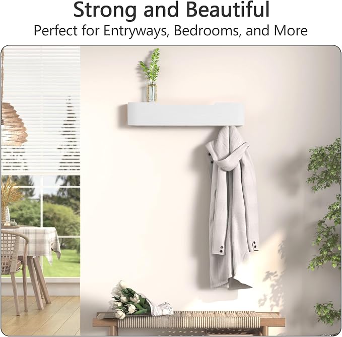 Coat Rack Wall Mount with Hidden Hooks Modern Key Holder Wood Entryway Hook with Shelf for Bedroom Kitchen Hallway Bathroom Designed for Hanging Coats Hats Bags Towels Dog Leashe(White,5 Hooks) - Image 5