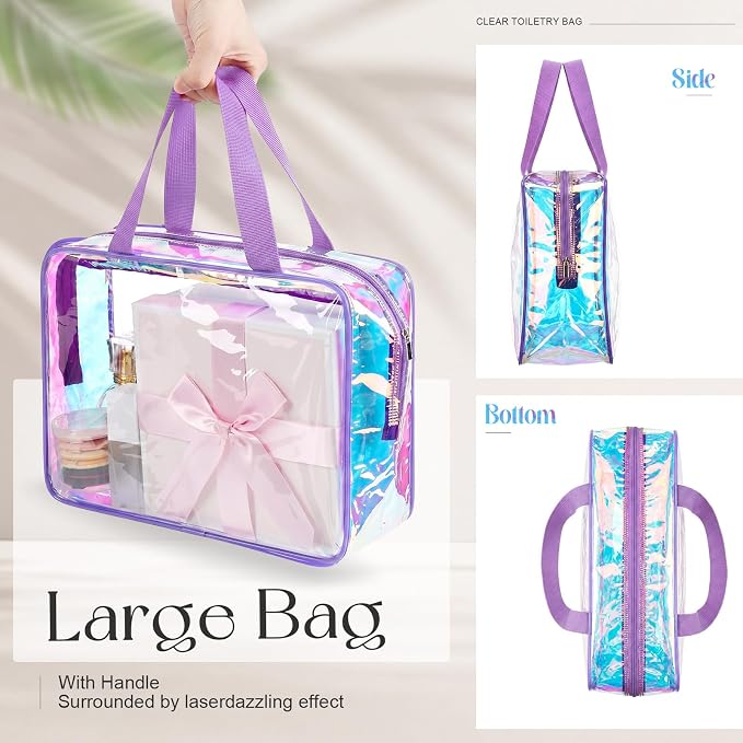 Sweetude 6 Pcs Large Clear Toiletry Bag with Handle Large Capacity Travel Iridescent Beach Makeup Bag PVC Clear Plastic Tote Punch Cosmetic Clothes Storage Organizer for Women Men (Purple) - Image 4