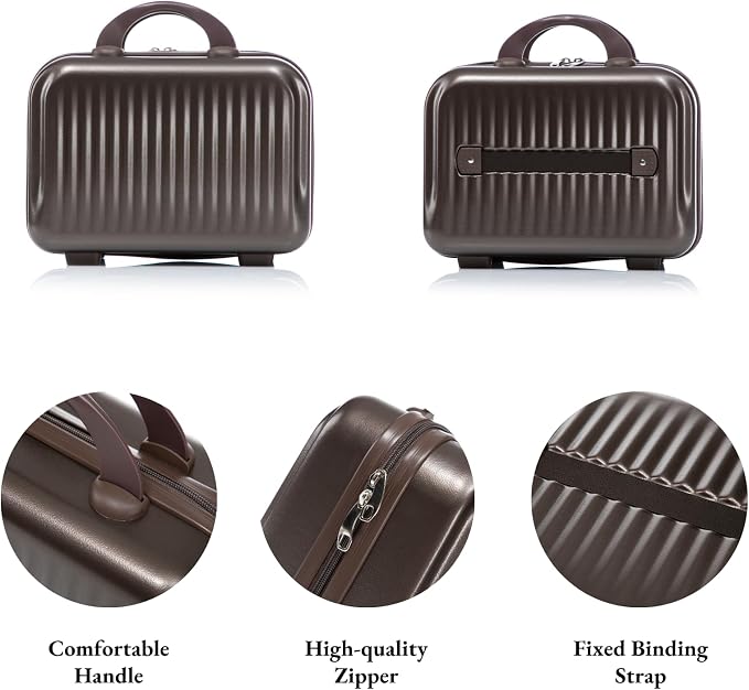 2 Pcs ABS Spinner Luggage Set - 14" Cosmetic Case & 20" Carry-On with Combination Lock, Front Opening Design, Brown - Image 6