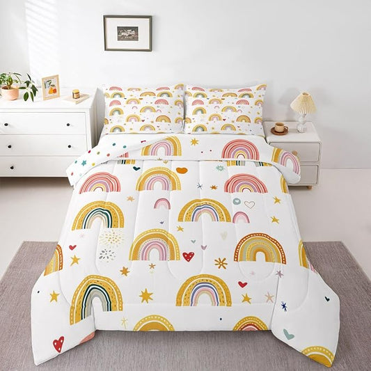 Erosebridal Girls Rainbow Comforter Set, Love Heart Bedding Set King Size for Kids Boys Children Women, Cartoon Style Stars Duvet Insert Girly Soft Microfiber Quilted Duvet for Bedroom Decor by Erosebridal