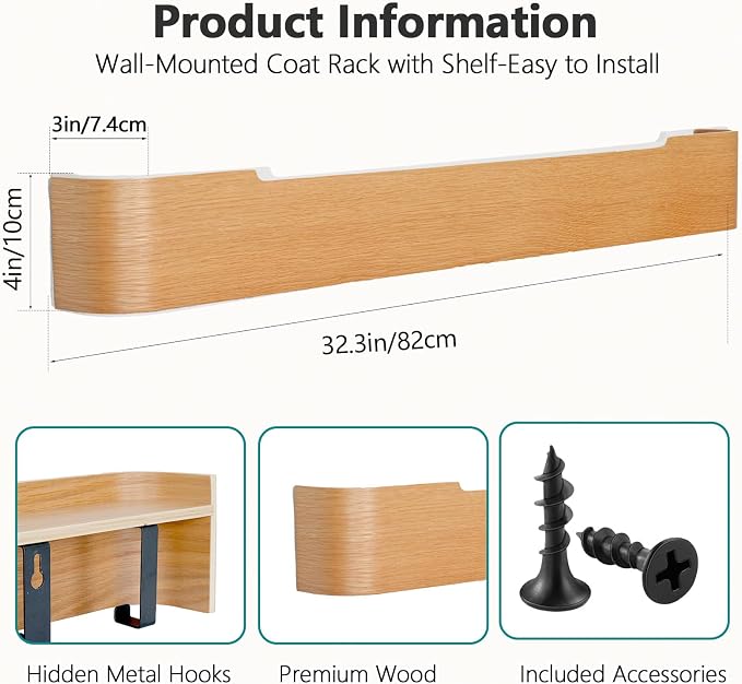 Coat Rack Wall Mount with Hidden Hooks Modern Key Holder Wood Entryway Hook with Shelf for Bedroom Kitchen Hallway Bathroom Designed for Hanging Coats Hats Bags Towels Dog Leashe(Oak,8 Hooks) - Image 3