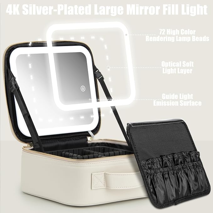 Extrei Gent Makeup Travel Train Case with Mirror LED Light 3 Adjustable Brightness Large Cosmetic Bag Portable Storage Adjustable Partition Waterproof Make up Brushes Makeup Jewelry Gift for Women - Image 6