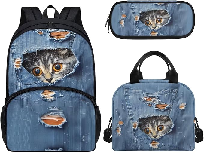 Cute Cat Kitten Backpack and Lunch Bag Pencil Case Set for Girls, Middle School Elementary Bookbags, 3Pcs School Bag with Lunch Bag Pencil Case by CndexdWearfunPrintjoy