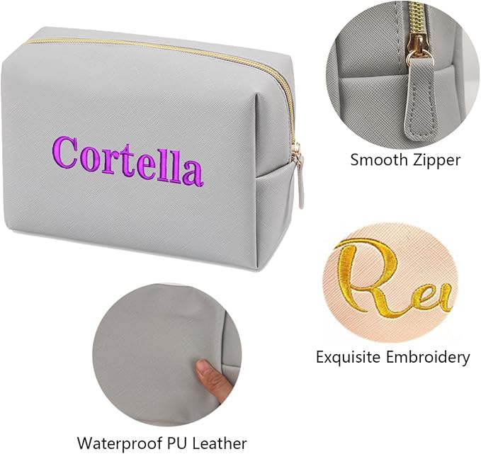 Embroidered Large Make up Bag,Personalized Skincare Bag,Cosmetic Travel Bags for Women Gift For Wedding,Set of 3, Gray - Image 4