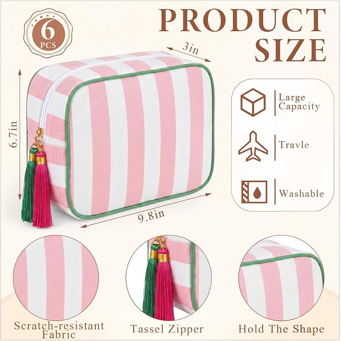 Kacctyen 6 Pack Light Pink and White Striped Makeup Bag bulk with Tassel Travel Cosmetic Pouch Organizer Large Zipper Toiletry Case for Women Aesthetic Storage Pouch Mahjong Tile Bag - Image 2
