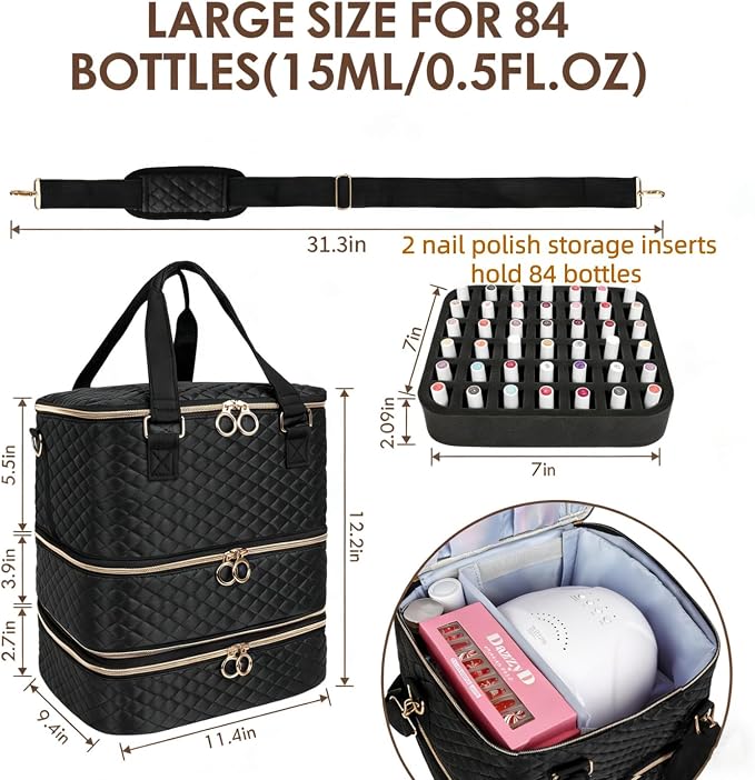 Nail Polish Organizer Bag, 3 Layers Nail Kit Organizers and Storage Case Holds 84 Bottles(15ml/0.5fl.oz)& Nail Lamp, Large Shoulder Bag Travel Carrying Case Box for Nail Supplies - Image 4