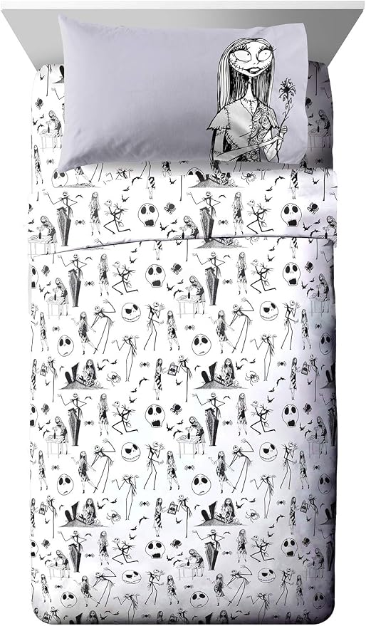Jay Franco Kids Sheet Set with Fitted, Flat Sheets & Pillow Cover - Ultra-Soft Bedding with Pillowcase for Room Decor, White - Nightmare Before Christmas, 4 Piece Queen by JayFranco