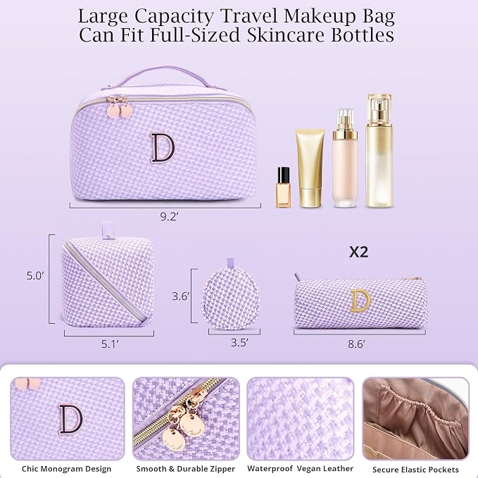 Personalized Gift Travel Makeup Bag: Initial Makeup Organizer Bag for Women | 3-in-1 Custom Make up Bag Set - Vegan Leather Travel Cosmetic Bag - Luxury Gift for Women – Birthday, Anniversary, Graduation - Image 6