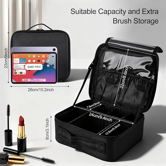 Greenfeather Travel Makeup Bag, Professional Cosmetic Train Case Organizer for Women, Portable Travel Cosmetic Brush Bag Holder Makeup Artist Storage Box with Adjustable Dividers, Black - Image 3