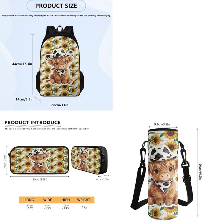 Highland Cow Sunflower Backpack Set for Girls, Kids Casual School Bags Daypack Book Bag Set with Insulated Lunch Bag Pencil Pouch Water Bottle Bag 4 Pcs Set - Image 7