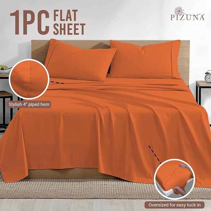 Pizuna Pure 100% Cotton Flat Sheets Only King Burnt Orange (1 PC), Luxurious 400 Thread Count Long Staple Cotton Sateen with 4" Hem (Combed King Flat Sheet Only Cotton) - Image 3
