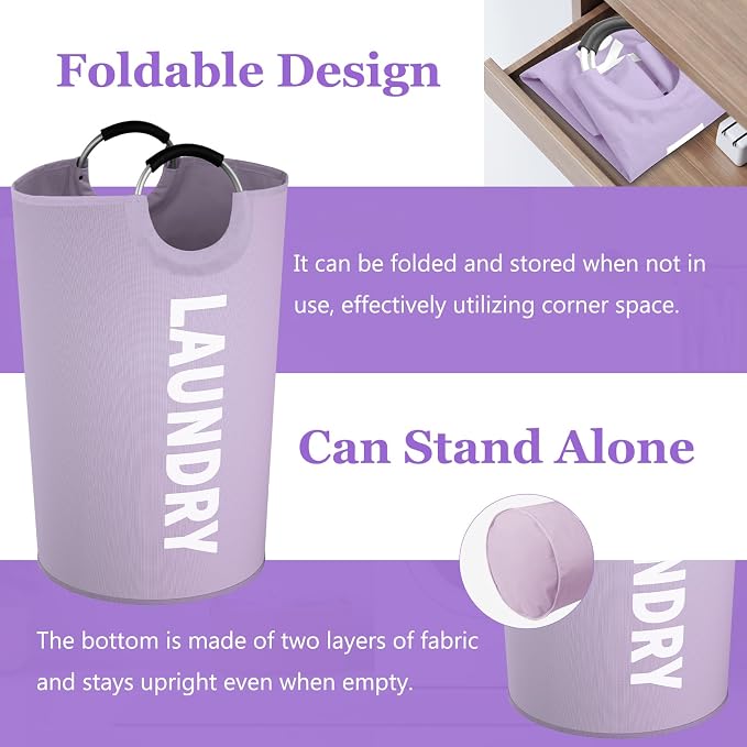 2 Pack 125L Laundry Hamper, Large Laundry Basket with Padded Handles, 600D Oxford Cloth Tall Clothes Hamper, Storage Basket for Clothes, Blankets, Pillows, Comforters, Black + Purple - Image 6