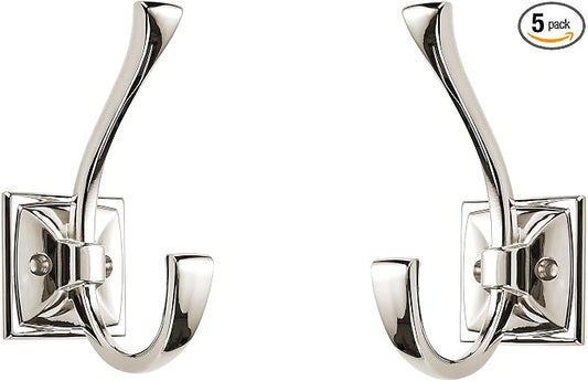 Large Wall Hooks 5 Pack - Polished Nickel Coat Hardware for Hanging Coats - 4.35 Inch Double Robe Hook Wall Mounted With Screws for Key, Towel, Bags, Cup, Hat by ZAUYX