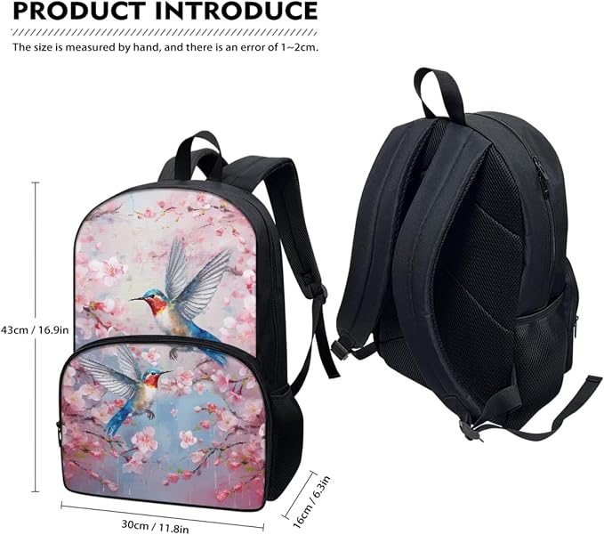 Floral Hummingbird Backpack and Lunch Bag Pencil Case Set for Girls, Middle School Elementary Bookbags, 3Pcs School Bag with Lunch Bag Pencil Case - Image 5