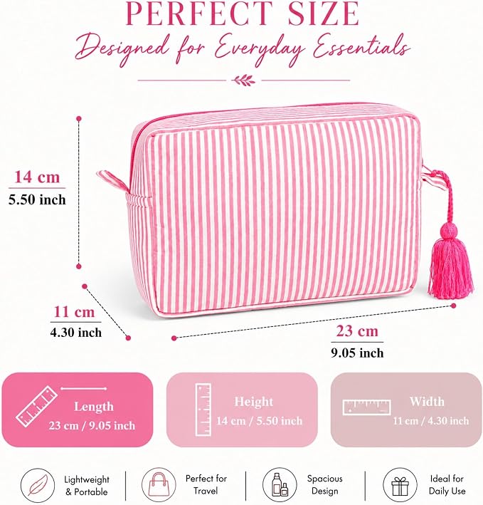Huar Travel Makeup Bag- Large Capacity Cosmetic Bags for Women - Water Resistance Lining Portable Pouch & Open Toiletry Bag - Perfect Girls Makeup Organizer for Travel Essentials (Pink Stripe) - Image 6