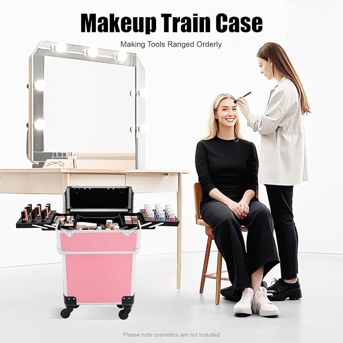 Makeup Train Case, Large Cosmetic Trolley with Locks, Aluminum Alloy Beauty Train Case Organizer, Pink - Image 2