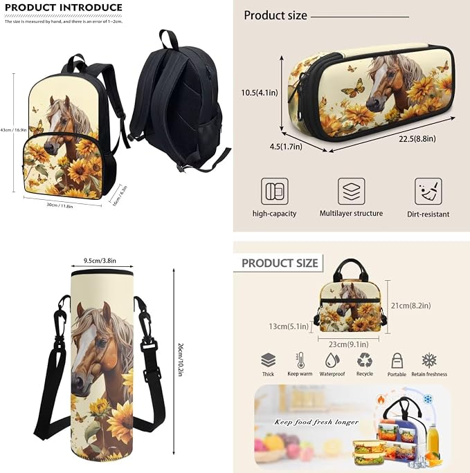 Sunflower Horse Backpack Kids Backpack 4 Pcs with Lunch Box Pencil Bag Bottle Carrier Bag Sling Bags for Boy Girl Middle School Primary Student Bookbag Casual Daypack - Image 3