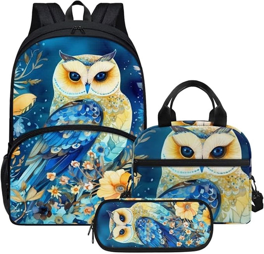 Blue Floral Owl Backpack with Lunch Box and Pencil Case Girls Comfy Padded Cute School Backpack Set of 3 Bookbag for Student Lightweight Large Capacity Daypack by Parprinty